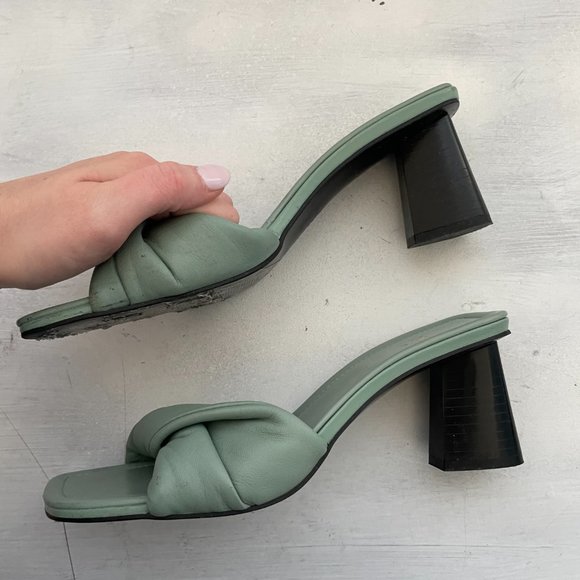 Zara Women's Slip On Sandals Knotted Leather Square Toe Heels in Green Sz 39 - Picture 6 of 8